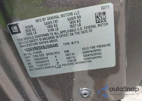 2011 GMC Acadia Slt-1 из США, поврежденный, VIN 1GKKVREDXBJ309440